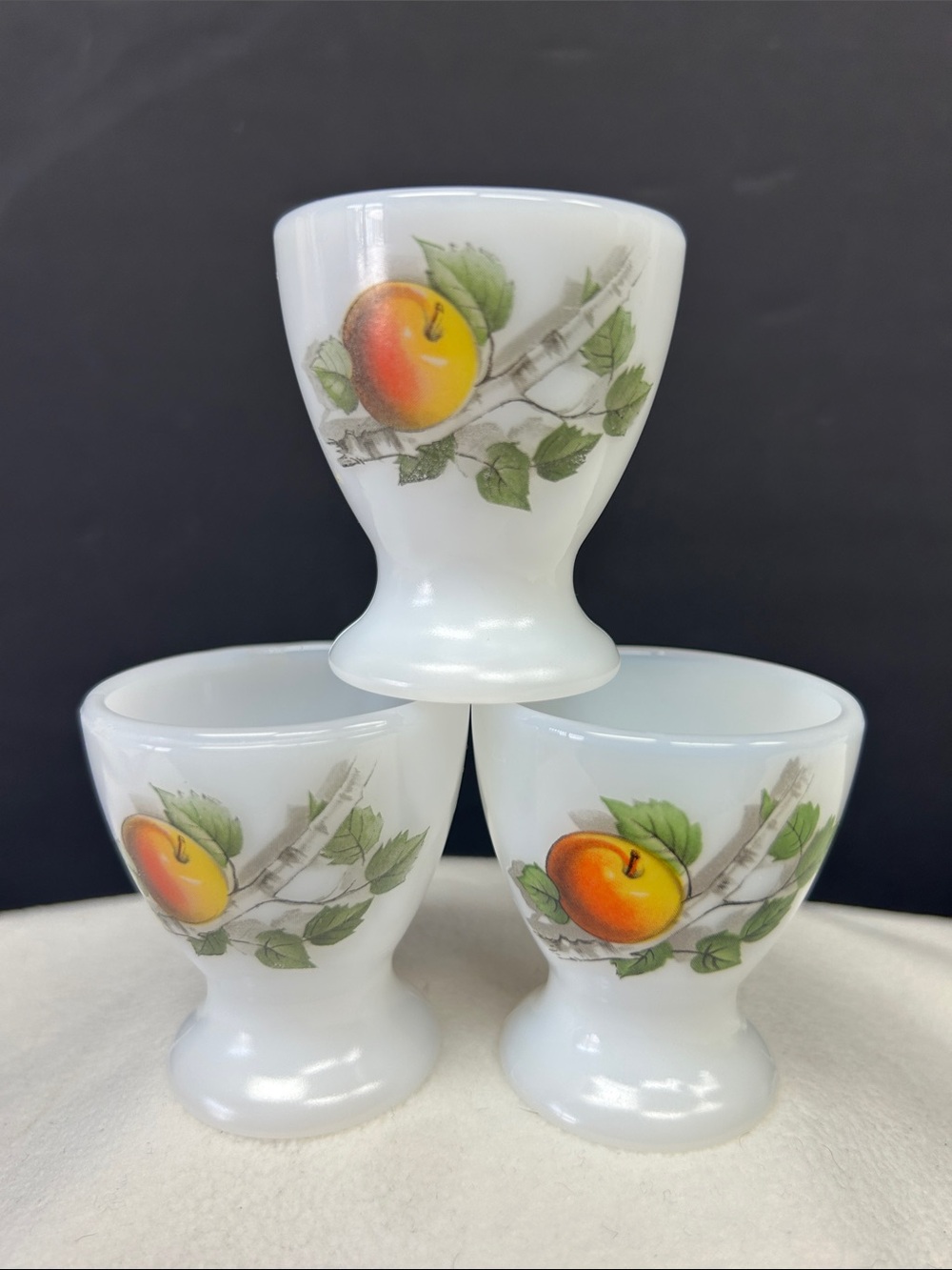 Vintage 70’s set of 3 ARCOPAL milk glass egg cups  “Fruits De France “ series
